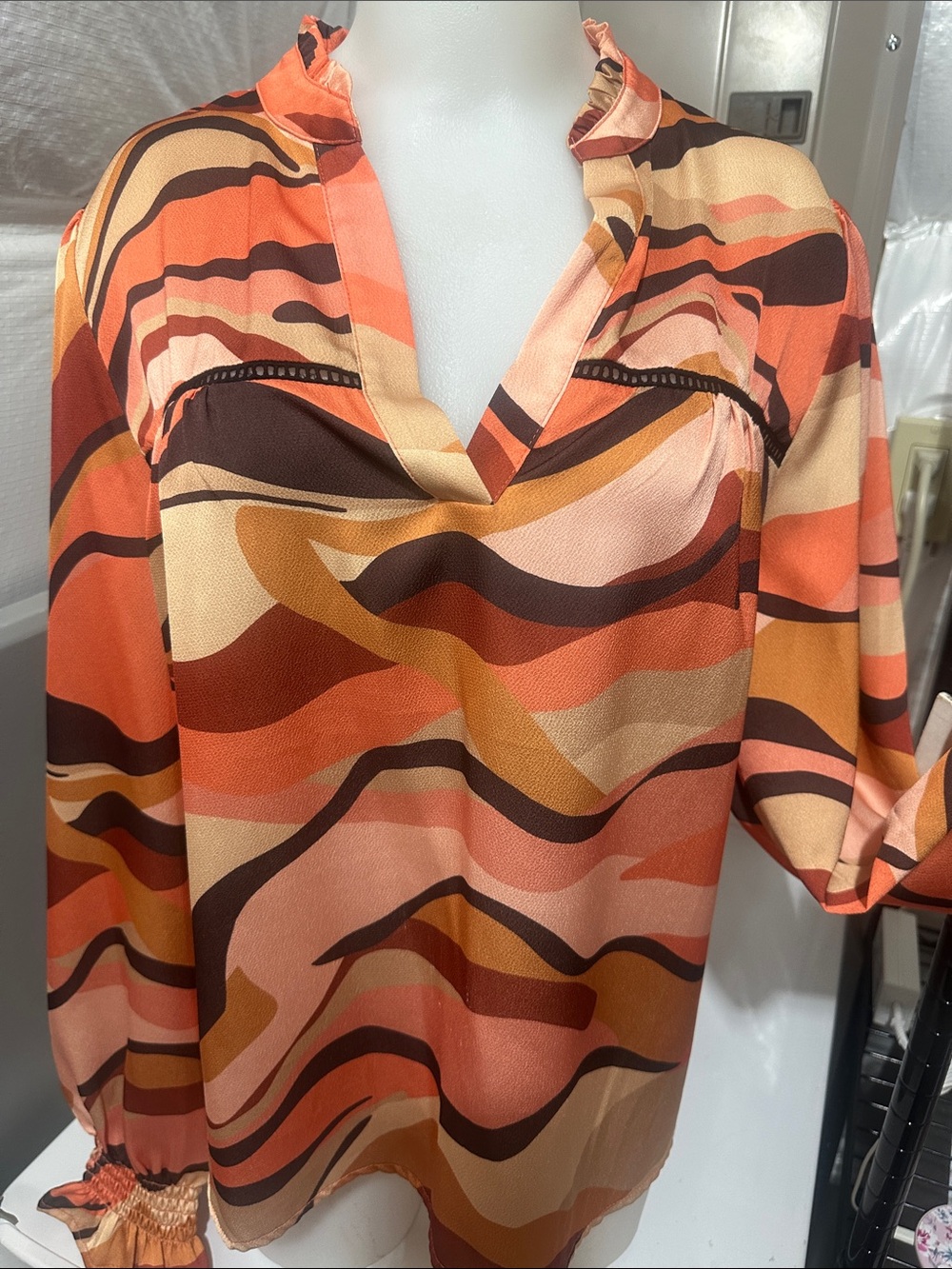 THML Coral and Peach Ruffled V-Neck Blouse